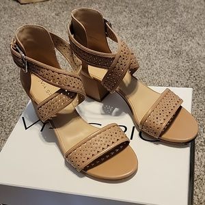 Via Spiga Nude Jobina CrissCross Ankle Strap Block Heel Sandals